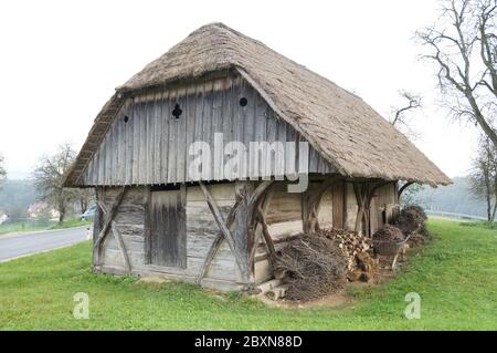Antico fienile rurale in legno abbandonato a Obcine, Slovenia Foto Stock