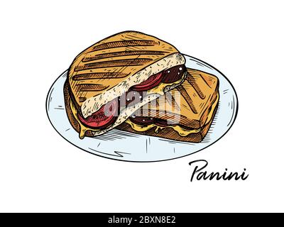 Panini isolati su sfondo bianco. Schizzi piatti italiani. Illustrazione vettoriale nello stile di schizzo. Illustrazione Vettoriale