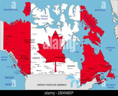 Canada Mappa politica molto dettagliata con bandiera nazionale isolata su sfondo bianco. Illustrazione Vettoriale