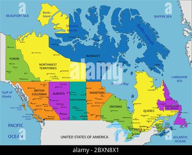 Mappa politica del Canada colorata con strati separati chiaramente etichettati. Illustrazione vettoriale. Illustrazione Vettoriale