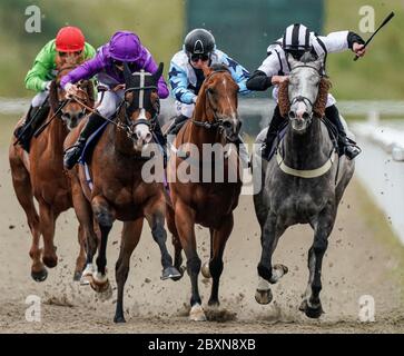 Thomas Greatrex a cavallo del ragazzo di Atalanta (viola) vince l'handicap verde Howe all'ippodromo di Chelmsford. Foto Stock