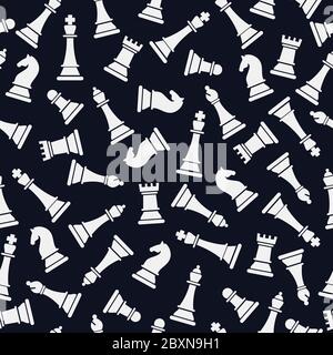 Pattern vettoriale senza cuciture con scacchi bianchi su blu scuro. Pezzi di scacchi stampa senza giunture. Illustrazione vettoriale di pezzi di scacchi. Sfondo del gioco di scacchi. Illustrazione Vettoriale