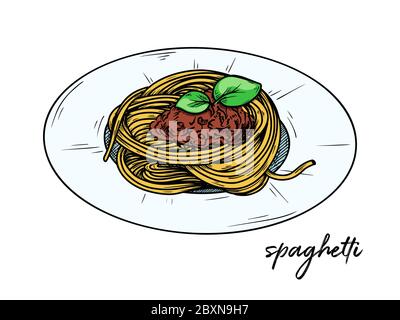 Spaghetti isolati su sfondo bianco. Schizzi piatti italiani. Illustrazione vettoriale nello stile di schizzo. Illustrazione Vettoriale