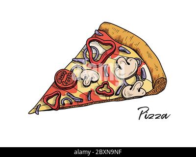 Pizza isolata su sfondo bianco. Schizzi piatti italiani. Illustrazione vettoriale nello stile di schizzo. Illustrazione Vettoriale
