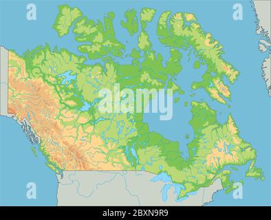 Mappa fisica Canada dettagliata. Illustrazione Vettoriale