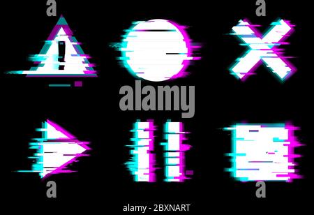 Set di illustrazioni vettoriali con pulsanti in stile glitch distorti. Riproduci, metti in pausa, ferma, simboli di avviso con cerchio e quadrato su sfondo nero Illustrazione Vettoriale