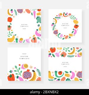 Modelli di cornici vegetali, set di biglietti di auguri o di invito, copy spazio sfondi, bordi e corone con frutta alimentare illustrazioni, vettore Illustrazione Vettoriale