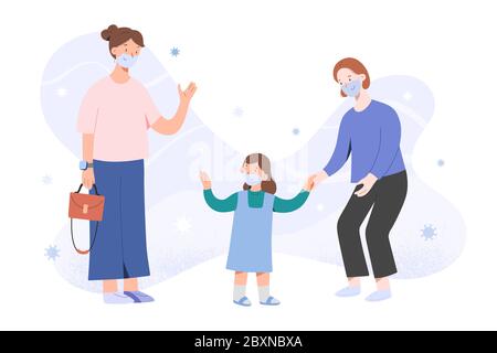 Madre che porta il bambino all'asilo dopo la pandemia del coronavirus, che ondola addio, la ragazza e la nanny nelle maschere di faccia, i bambini vanno di nuovo alla scuola dopo il covid Illustrazione Vettoriale