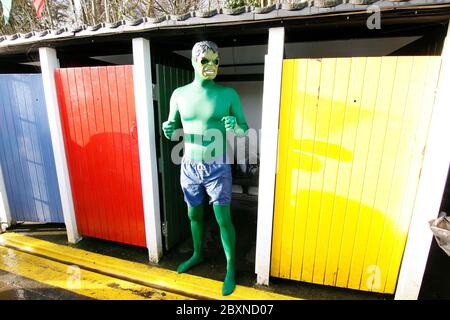 Il South London Swimming Club ospita il quinto campionato di nuoto in acqua fredda al Toting Bec Lido, a Londra Sud, la più grande piscina all'aperto, non riscaldata, d'acqua dolce della Gran Bretagna. Oltre 600 nuotatori hanno sfidato le acque ghiacciate, alcuni indossando un abito elegante. 25/01/2013 Foto Stock