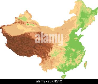 Mappa fisica della Cina dettagliata. Illustrazione Vettoriale