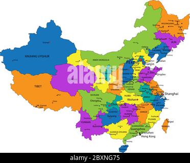 Mappa politica della Cina colorata con strati chiaramente etichettati e separati. Illustrazione vettoriale. Illustrazione Vettoriale