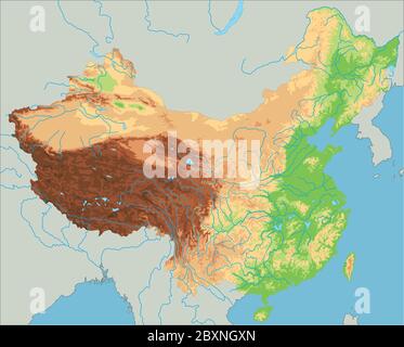 Mappa fisica della Cina dettagliata. Illustrazione Vettoriale
