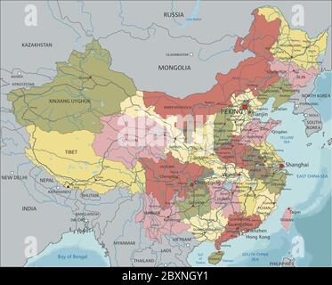 Cina - Mappa politica modificabile e molto dettagliata con etichettatura. Illustrazione Vettoriale