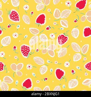 Vettore Strawberry Summer pattern. Design grafico moderno e ripetitivo. Disegno a mano di frutti di bosco con foglia e fiore su sfondo giallo. Sfondo pastello disegnato a mano. Illustrazione Vettoriale