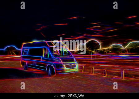 Campervan con luci al neon brillanti e colori vivaci da illustrazione di lago e alberi Foto Stock