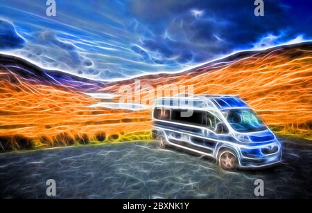 Camper parcheggiato da un'illustrazione scozzese Loch Scotland in colori vivaci e vivaci Foto Stock