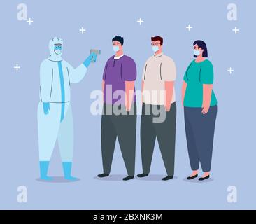 covid 19 coronavirus, persona con tuta a a rischio biologico con termometro a infrarossi per misurare la temperatura corporea, gruppo di persone in controllo della temperatura Illustrazione Vettoriale