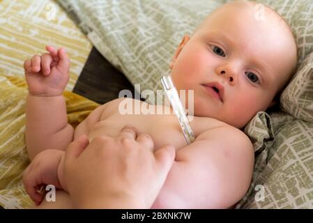 La mamma misura la temperatura corporea di un neonato con un termometro  senza contatto, isolato su sfondo bianco Foto stock - Alamy