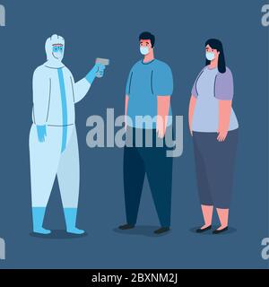 covid 19 coronavirus, persona con tuta a a rischio biologico con termometro a infrarossi per misurare la temperatura corporea, gruppo di persone in controllo della temperatura Illustrazione Vettoriale