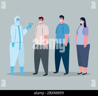 covid 19 coronavirus, persona con tuta a a rischio biologico con termometro a infrarossi per misurare la temperatura corporea, gruppo di persone in controllo della temperatura Illustrazione Vettoriale