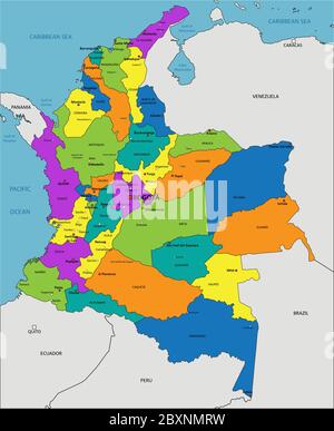 Mappa politica colombiana colorata con strati chiaramente etichettati e separati. Illustrazione vettoriale. Illustrazione Vettoriale