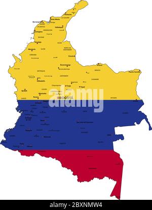 Colombia Mappa politica molto dettagliata con bandiera nazionale isolata su sfondo bianco. Illustrazione Vettoriale