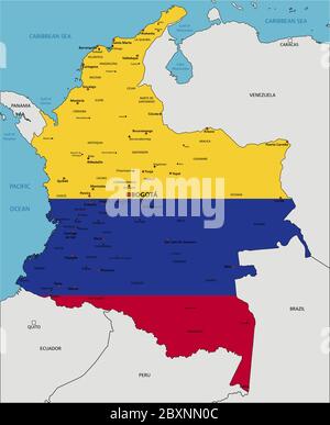 Colombia Mappa politica molto dettagliata con bandiera nazionale isolata su sfondo bianco. Illustrazione Vettoriale