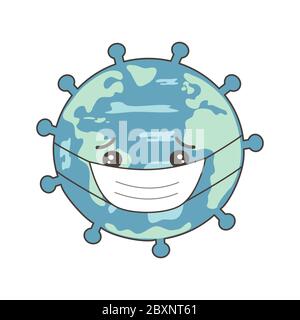 Cartoon pianeta terra con virus corona e maschera medica illustrazione vettoriale Illustrazione Vettoriale