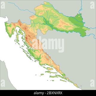 Mappa fisica della Croazia in alto dettaglio. Illustrazione Vettoriale