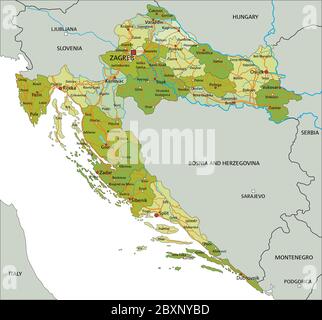 Mappa politica modificabile con livelli separati e molto dettagliata. Croazia. Illustrazione Vettoriale