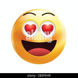Emoticon di alta qualità sorridente, emoji amore isolato su sfondo bianco. Emotoji viso giallo con occhi rossi del cuore e illustrazione del vettore sorriso. Illustrazione Vettoriale