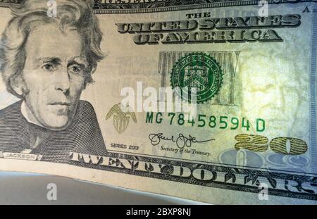 Primo piano di United States Currency,banconota USA Foto Stock