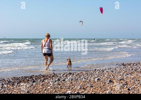 Vista posteriore di donna che cammina il suo cane sul Seashore. Kite Surfers sono in background Foto Stock