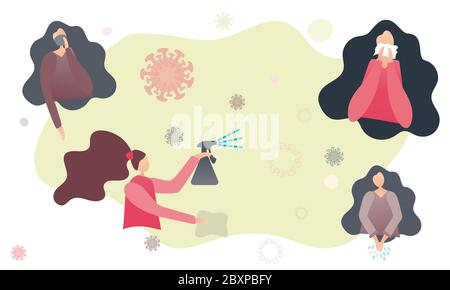 Icone di prevenzione del coronavirus Covid-19. Donna che mostra come proteggersi e combattere il virus. Illustrazione vettoriale piatta. Illustrazione Vettoriale
