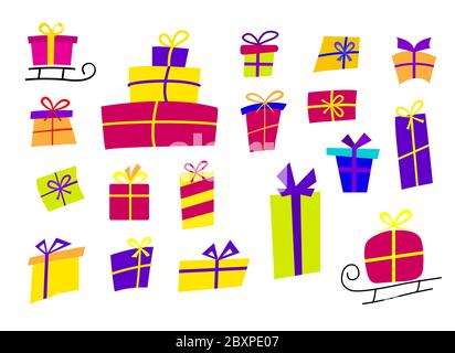 Set grande con regali colorati. Icone regalo in stile piatto, possono essere utilizzate per le carte per il nuovo anno o compleanno. Illustrazione vettoriale. Illustrazione Vettoriale