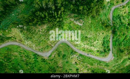 Vista aerea della strada tortuosa attraverso i fitti boschi sull'alta montagna di Sao Vicente, isola di Madeira. Foto Stock