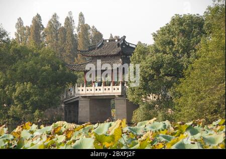 Lago occidentale (Xi Hu) a Hangzhou, provincia di Zhejiang, Cina. Ponte Yudai sul Lago Ovest, uno dei famosi simboli della città di Hangzhou. Foto Stock