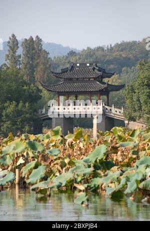 Lago occidentale (Xi Hu) a Hangzhou, provincia di Zhejiang, Cina. Ponte Yudai sul Lago Ovest, uno dei famosi simboli della città di Hangzhou. Foto Stock