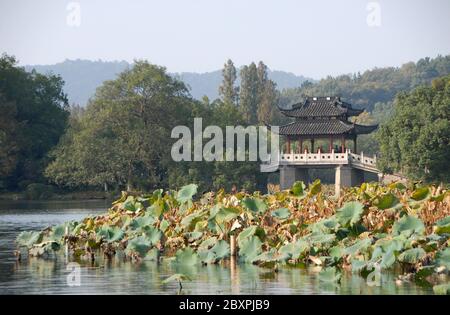 Lago occidentale (Xi Hu) a Hangzhou, provincia di Zhejiang, Cina. Ponte Yudai sul Lago Ovest, uno dei famosi simboli della città di Hangzhou. Foto Stock