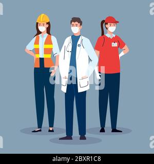 parto lavoratore femmina con gruppo di lavoratori in covid 19, lavoratori che indossano maschera medica contro il coronavirus Illustrazione Vettoriale
