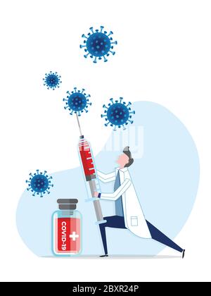 Medico che tiene una siringa con cura del virus e un vaccino di covid - 19 durante il periodo pandemico. Interrompere Coronavirus con il vaccino Covid-19. Illustrazione Vettoriale