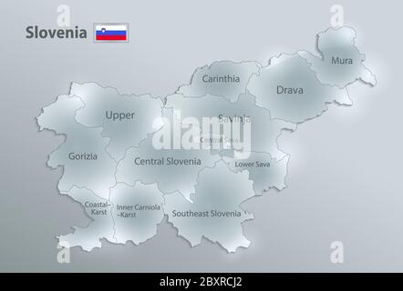 Slovenia mappa e bandiera, divisione amministrativa, separa regioni e nomi singole regioni, disegno vetro scheda vettore 3D Illustrazione Vettoriale