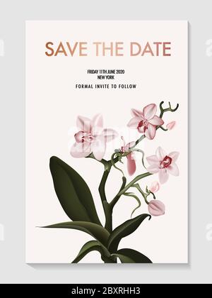 Orchidea fiore realistico Salva la scheda Data. Tender poster floreale natura, invito vacanze, pubblicità boutique fiorista, boccioli di fiori selvatici e ramo Illustrazione Vettoriale