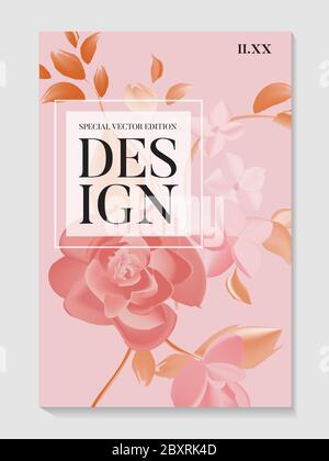 Fiori rose e fogliame matrimonio invito carta modello design, moderno floreale e set di foglie. Disegno realistico vettoriale cerimonia nuziale, inv. Vacanza Illustrazione Vettoriale