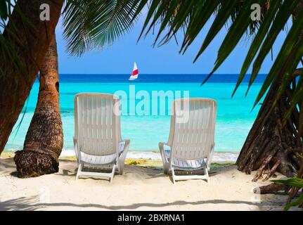 Sedie a sdraio sulla spiaggia tropicale Foto Stock