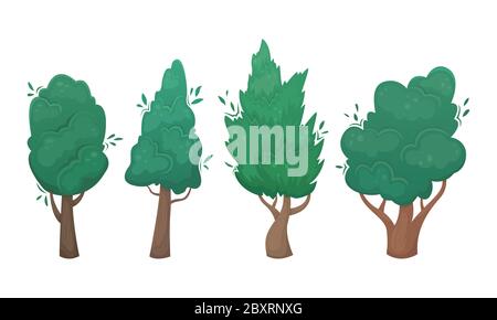 Set di quattro alberi vettoriali piatti in stile cartoon. Un set per creare il proprio progetto. Illustrazione Vettoriale