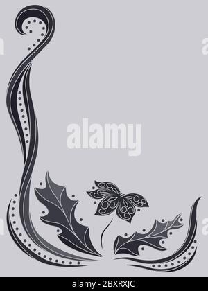 Cornice di pianta con foglie e fiori in tonalità grigie isolate su sfondo chiaro con posto per il tuo testo Illustrazione Vettoriale