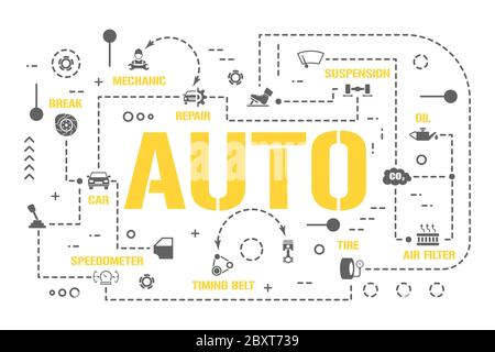 Banner concetti parole automatiche. Officina di riparazione di automobili, parti di veicolo. Infografiche di servizio auto. Presentazione, sito web. Idea UI UX. Caratteri isolati di tipo Illustrazione Vettoriale