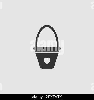 Secchio per bambini con icona a forma di cuore piatta. Pittogramma nero su sfondo grigio. Simbolo dell'illustrazione vettoriale Illustrazione Vettoriale