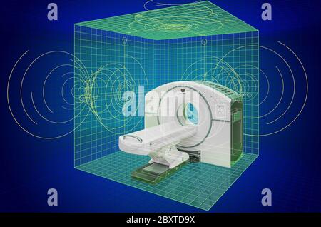 Tomografia ad emissione di positroni, impianto PET, modello CAD 3d di visualizzazione, modello BluePrint. Rendering 3D Foto Stock